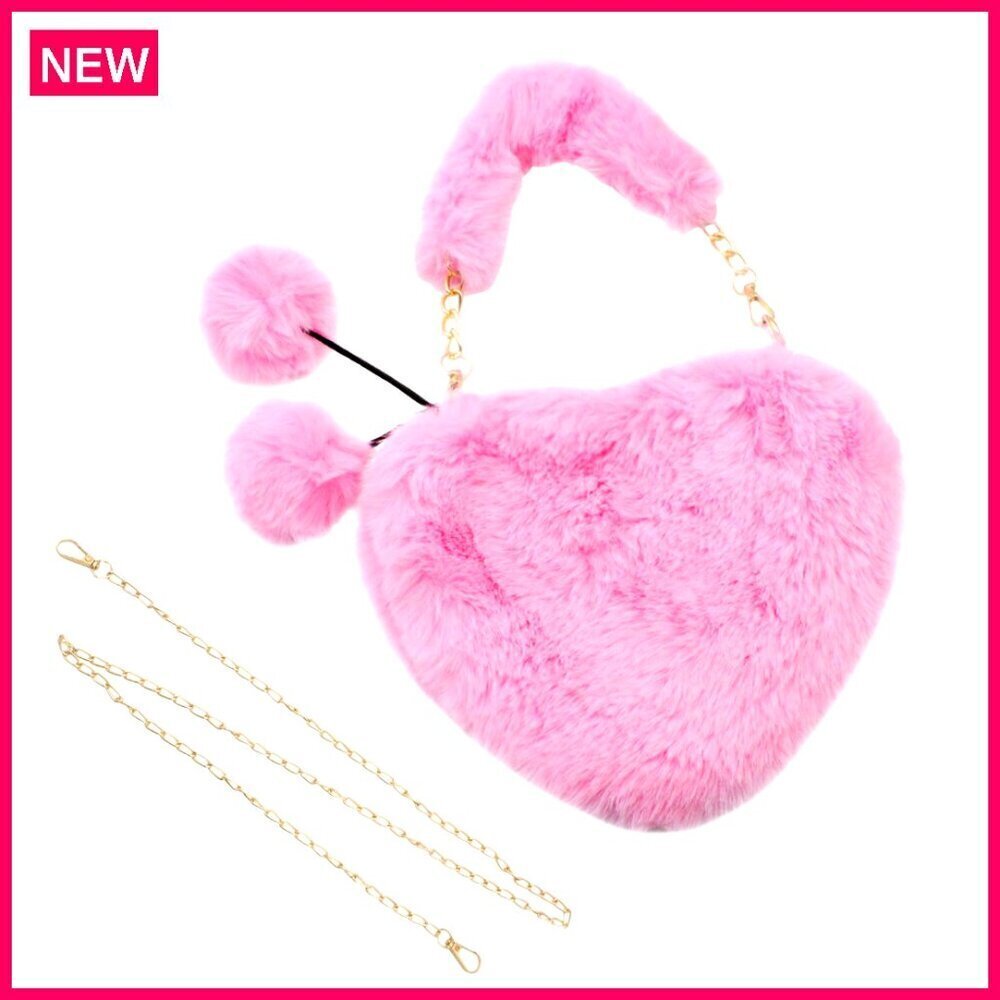 Heart Shaped Plush Crossbody Bag with Detachable Chain Strap, 22x18cm